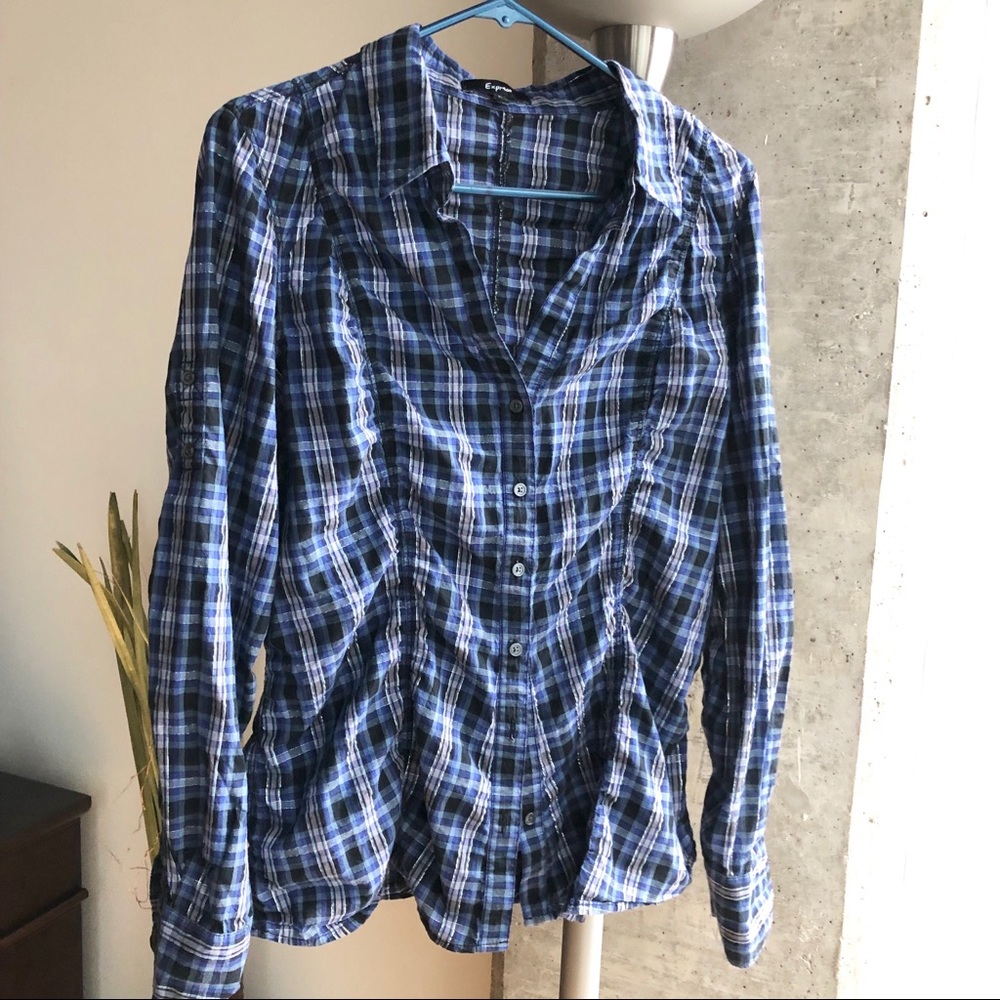 Express Plaid Shirt, L, Black, Blue & Siver